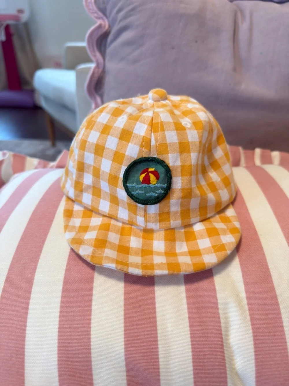Yellow Gingham Baseball Hat with Vintage Girl Scout Beach Patch